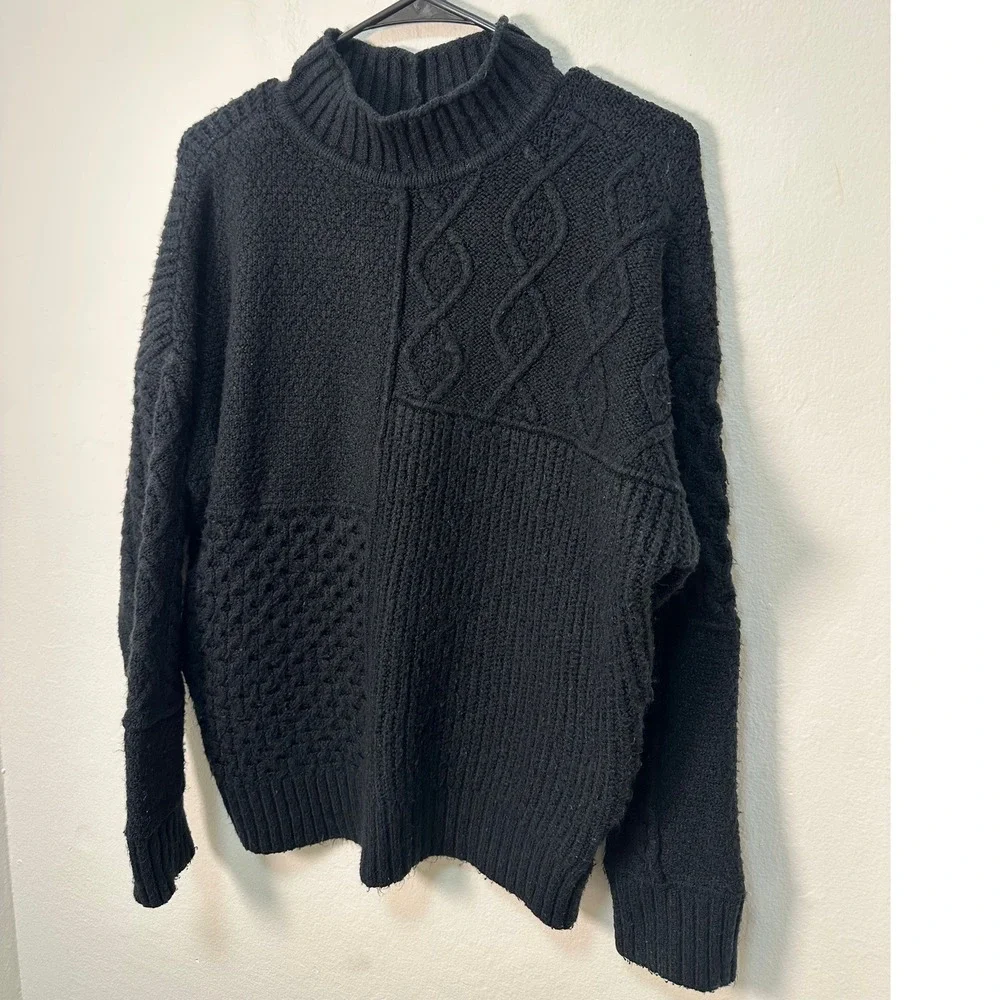 VTG American Eagle Mock Neck Patchwork Knit Sweater Black M Ribbed Cable Knit